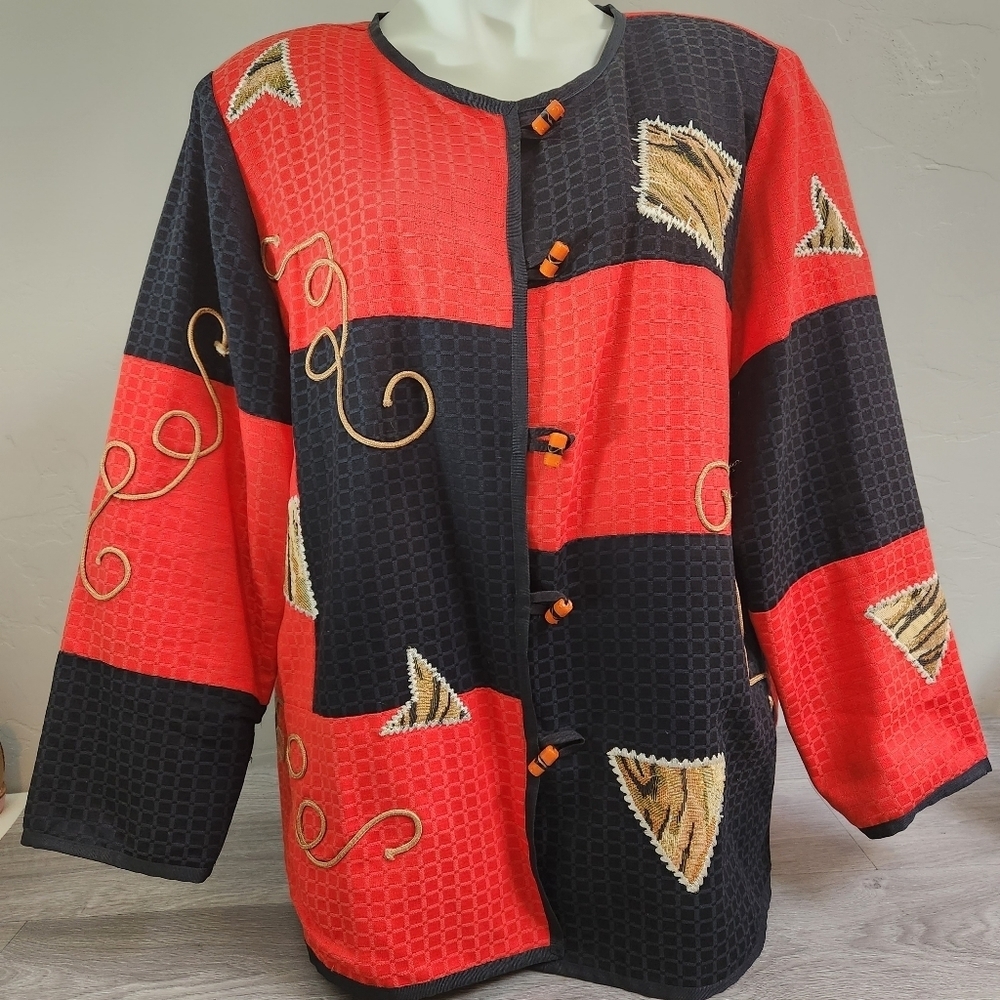 Allure Red Black Blazer 1X Colorblock Embroidered Boho Bead Buttons Animal Print